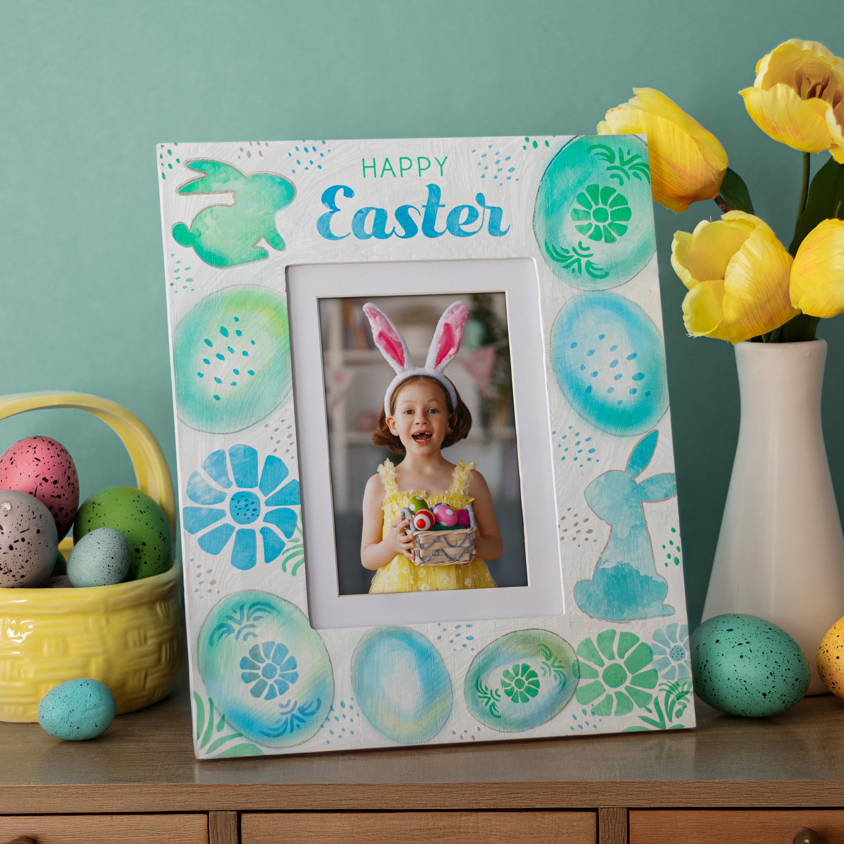 Happy Easter Flower, Eggs & Bunny 4" x 6" or 5" x 7" Wood Picture Frame