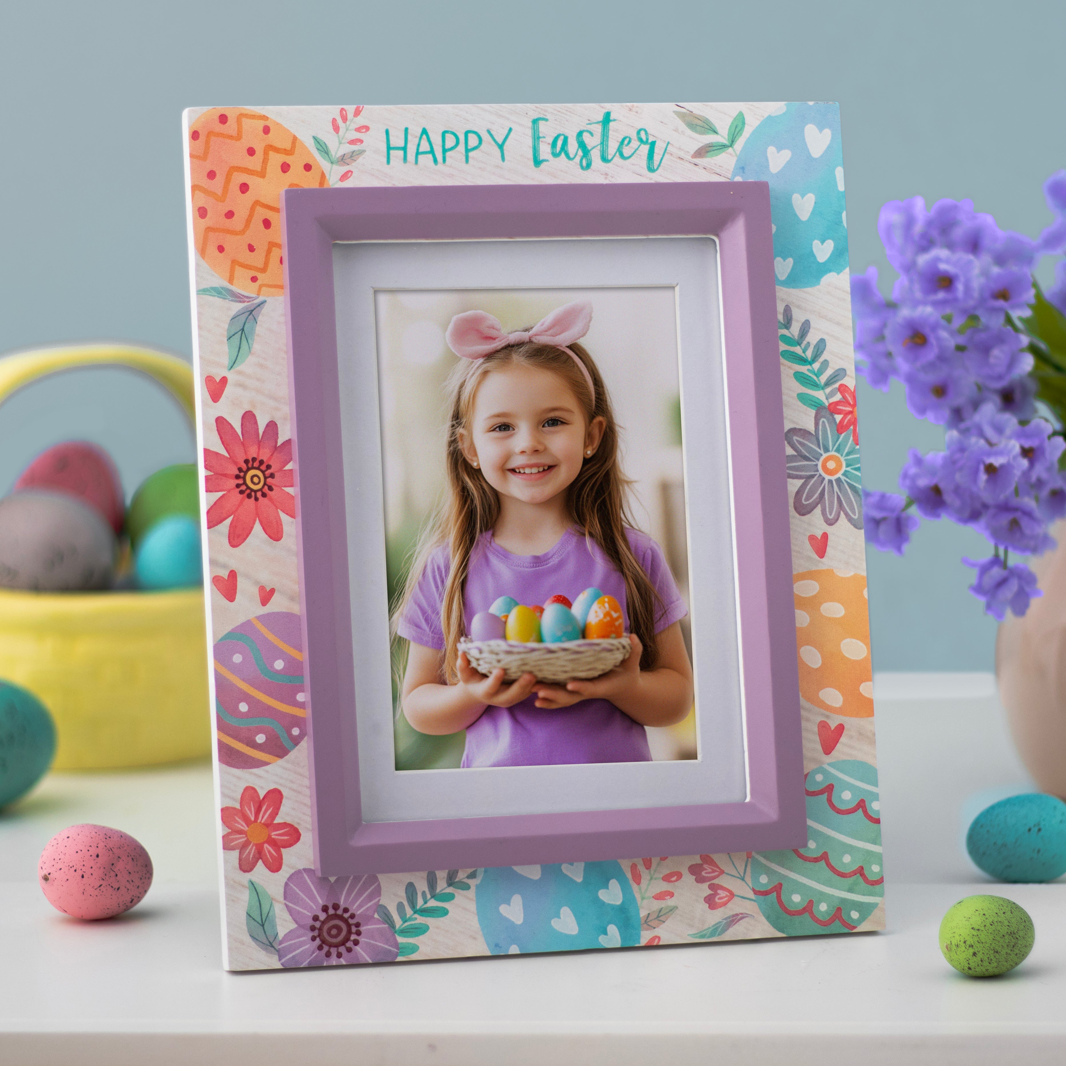 Happy Easter Flower and Egg 4" x 6" or 5" x 7" Wood Picture Frame