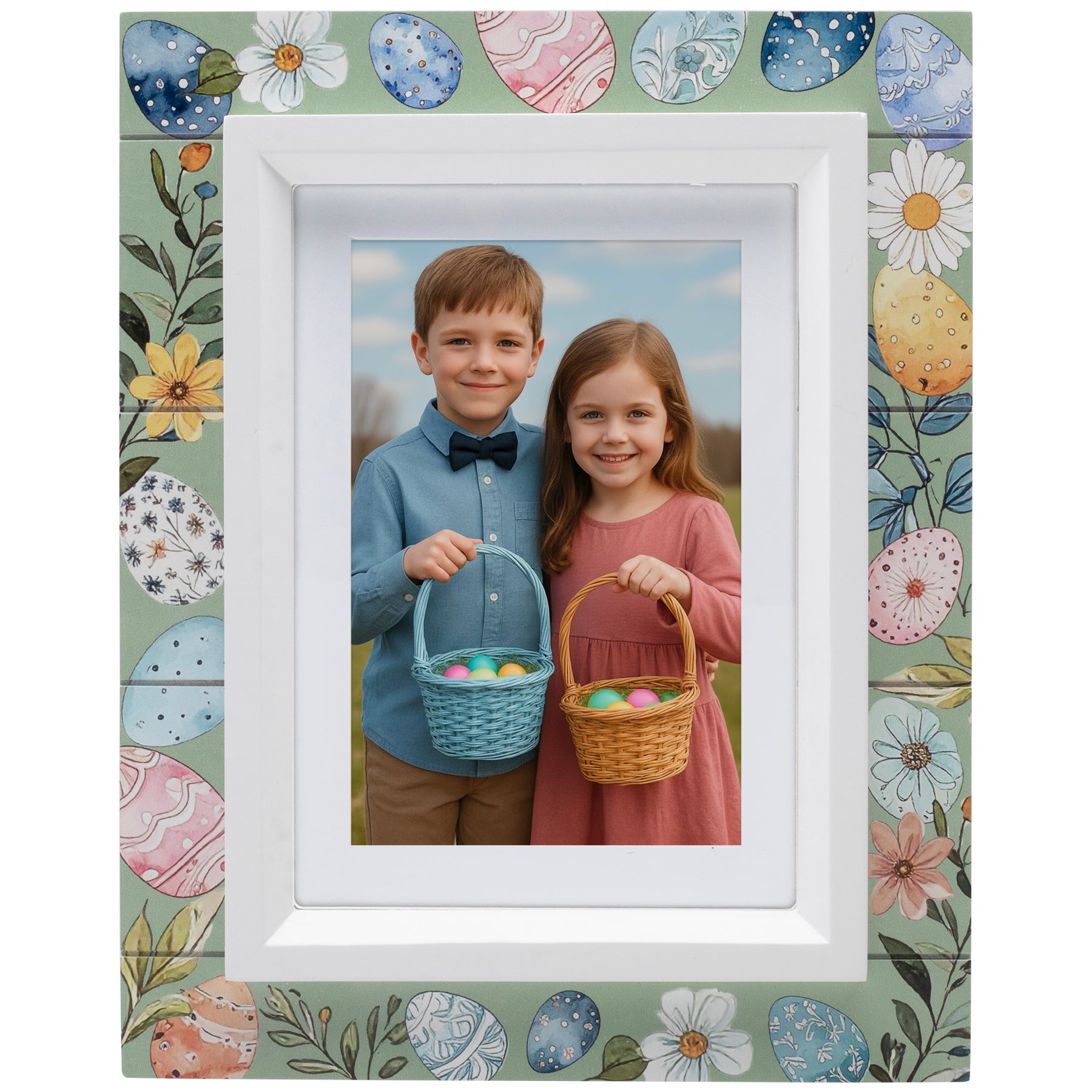 Wholesale decorative floral and egg Easter wood picture frame featuring a 4x6 or 5x7 image used by professional photographers . Sold in bulk to B2B customers.